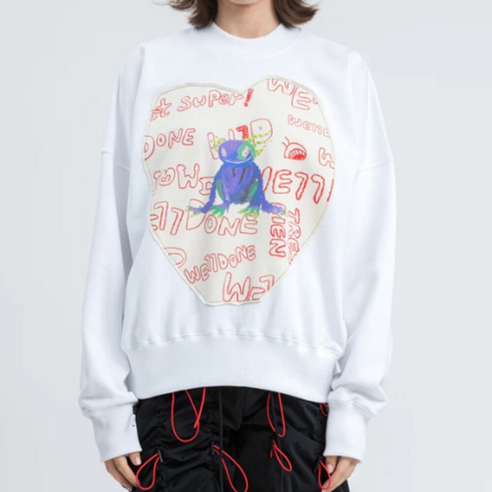 We11done Unisex Streetwear Graffiti Patch‎ Graphic Crewneck Sweatshirt Size S